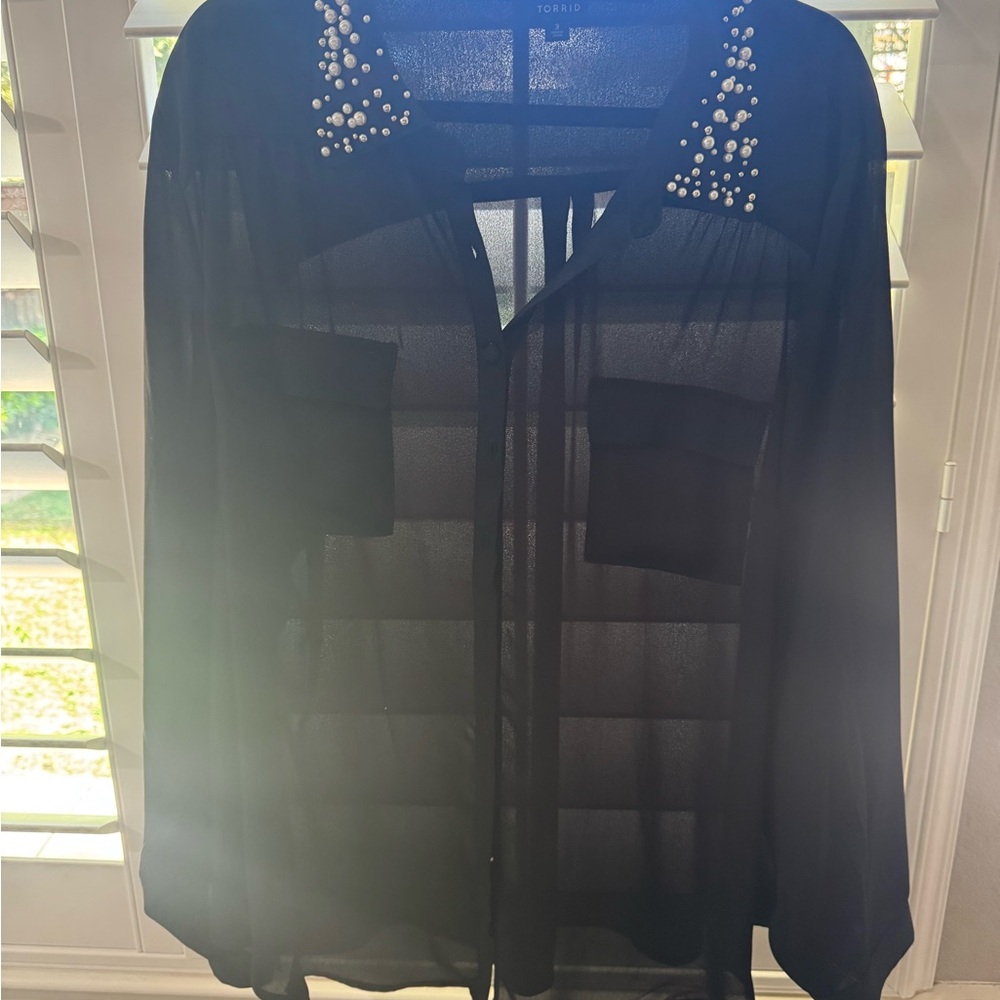 Black Sheer Blouse with Pearl Embellishments